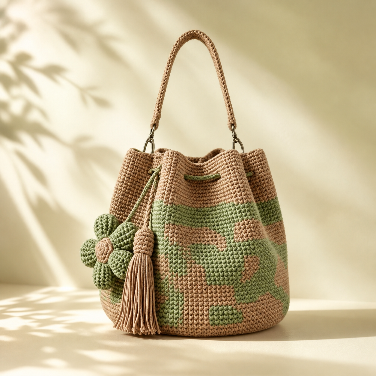 Boho Crochet Flower Bucket Bag with Tassel