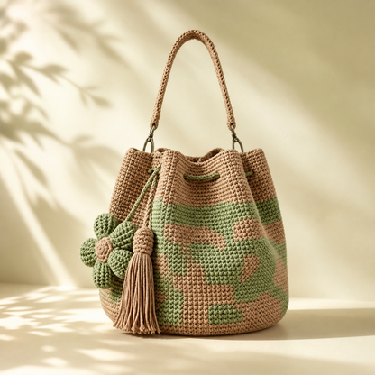 Boho Crochet Flower Bucket Bag with Tassel