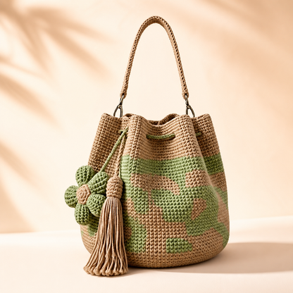 Boho Crochet Flower Bucket Bag with Tassel