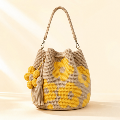 Boho Crochet Flower Bucket Bag with Tassel