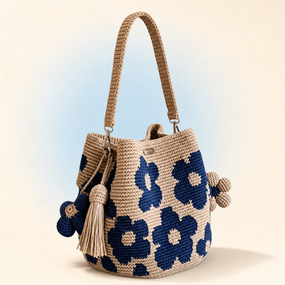 Boho Crochet Flower Bucket Bag with Tassel