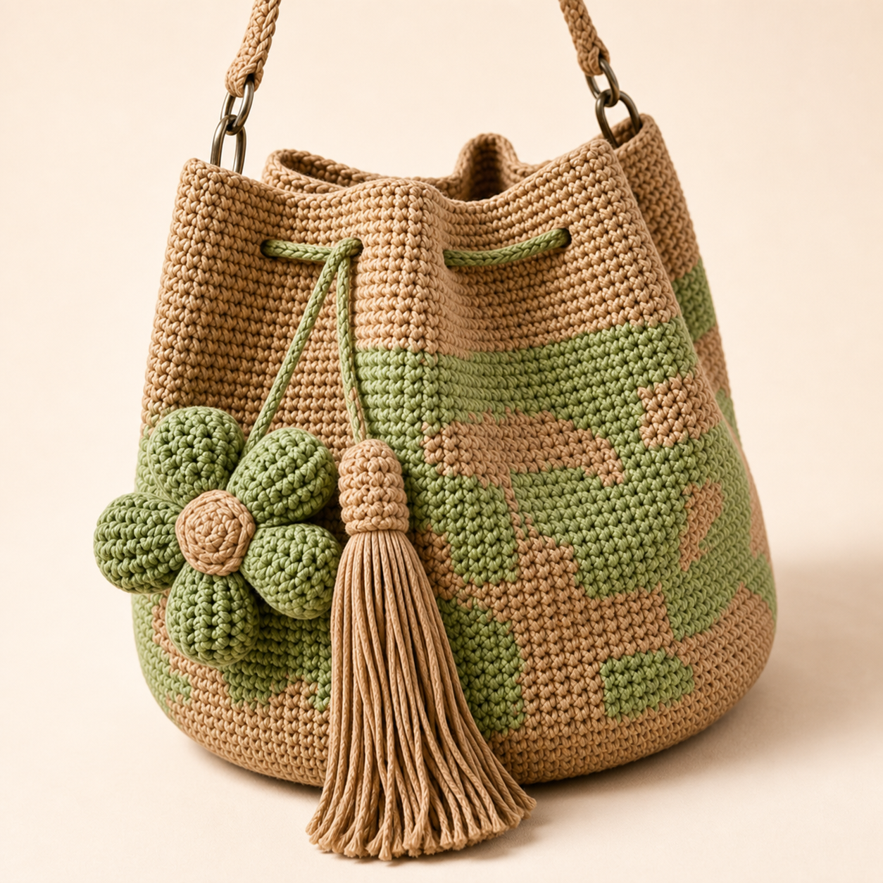 Boho Crochet Flower Bucket Bag with Tassel