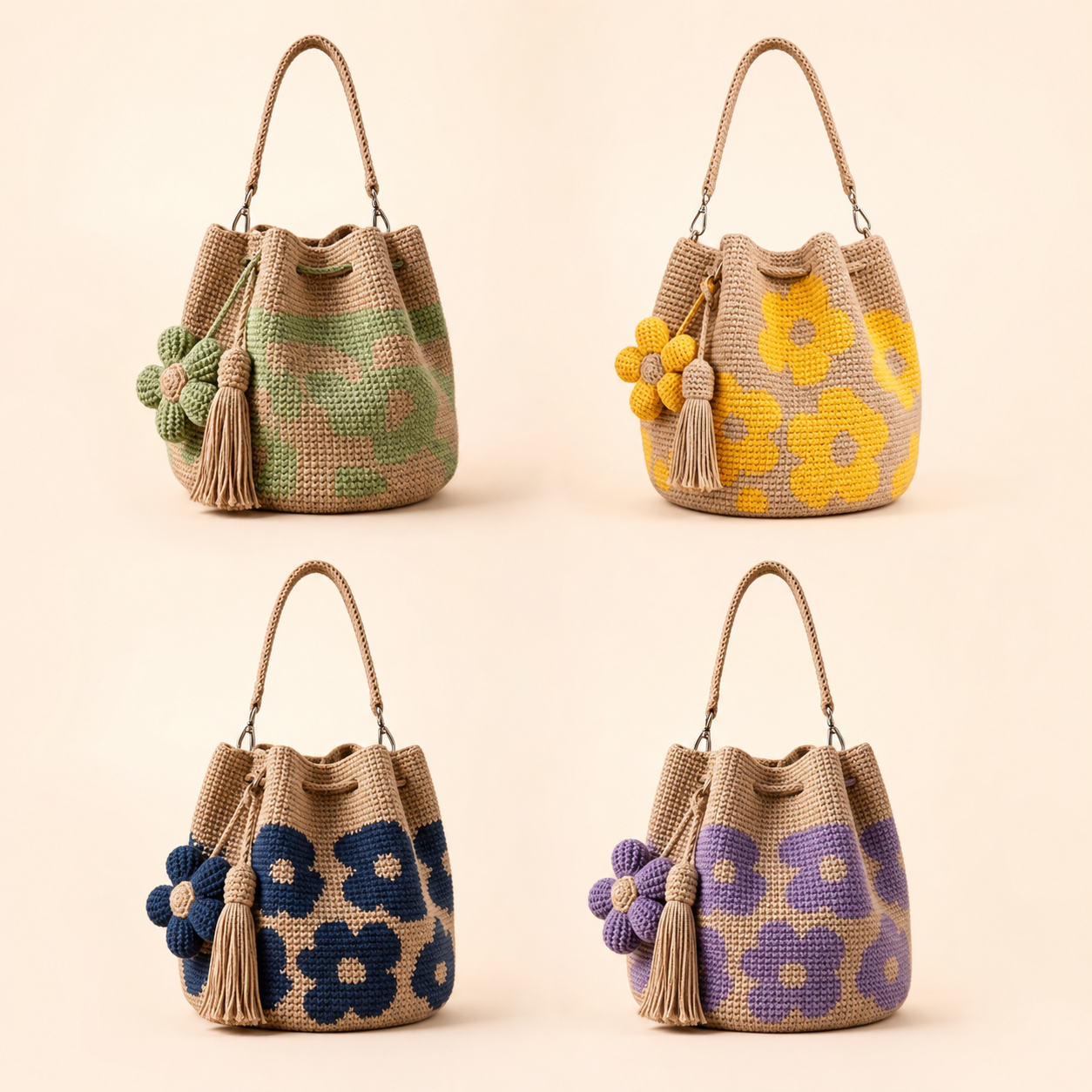 Boho Crochet Flower Bucket Bag with Tassel