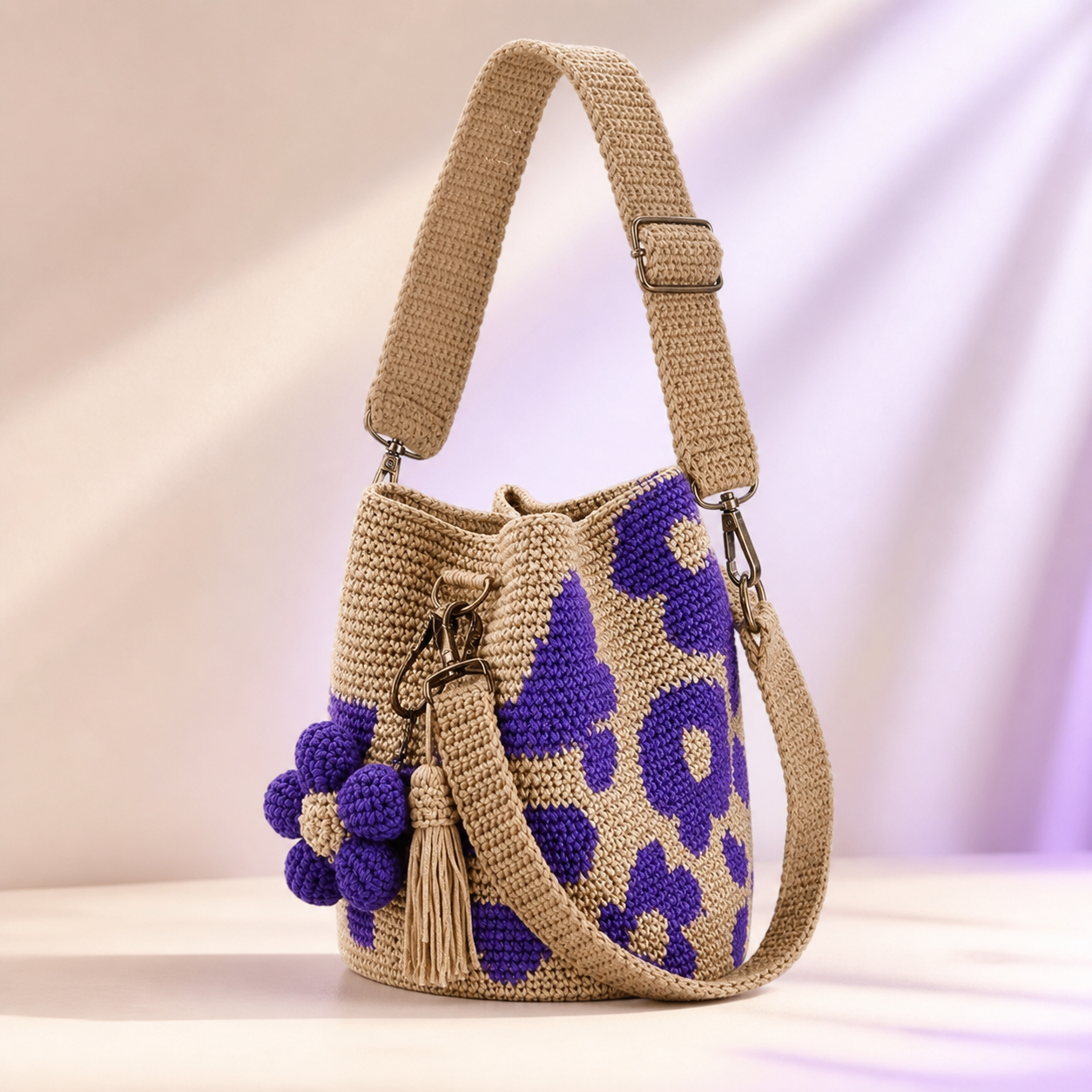 Boho Crochet Flower Bucket Bag with Tassel