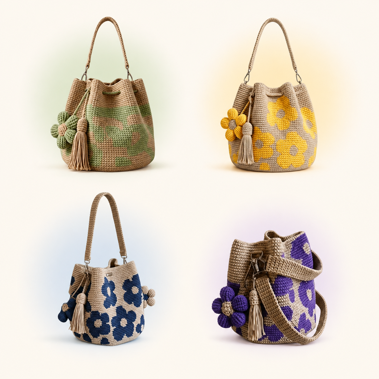 Boho Crochet Flower Bucket Bag with Tassel