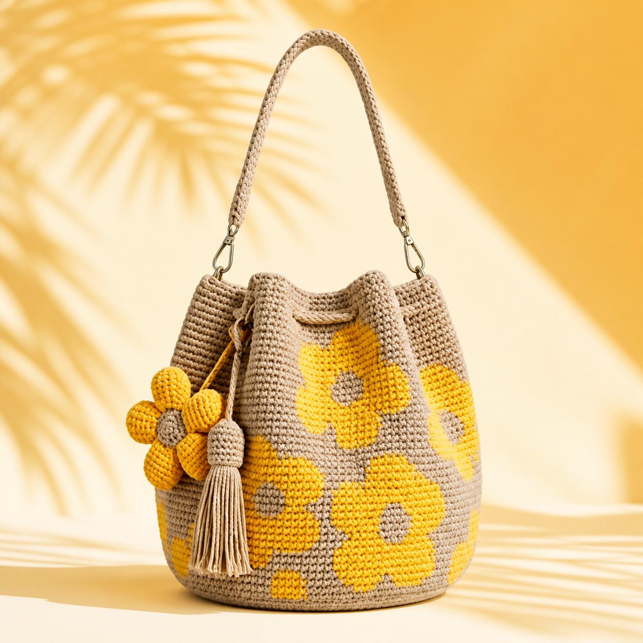 Boho Crochet Flower Bucket Bag with Tassel