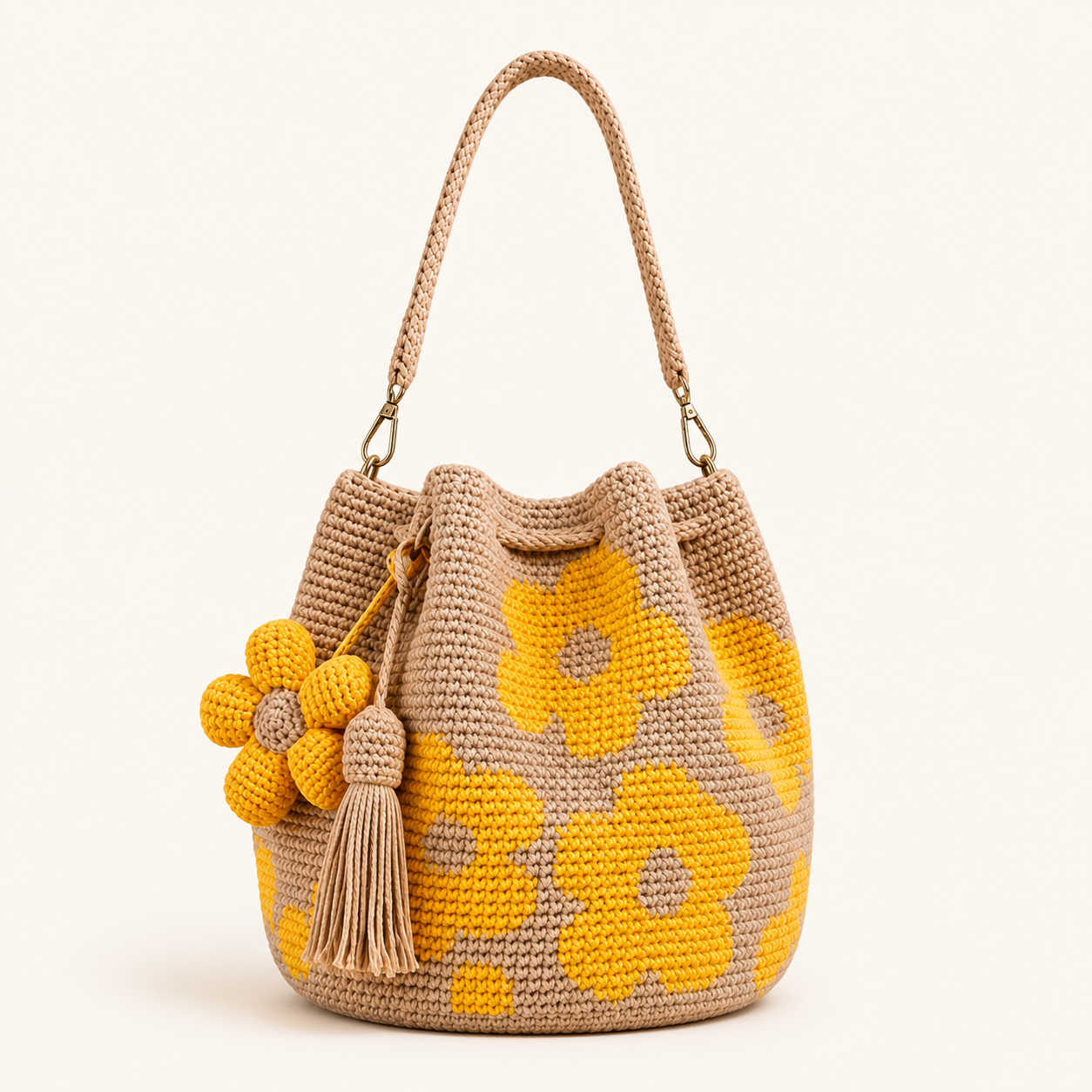 Boho Crochet Flower Bucket Bag with Tassel