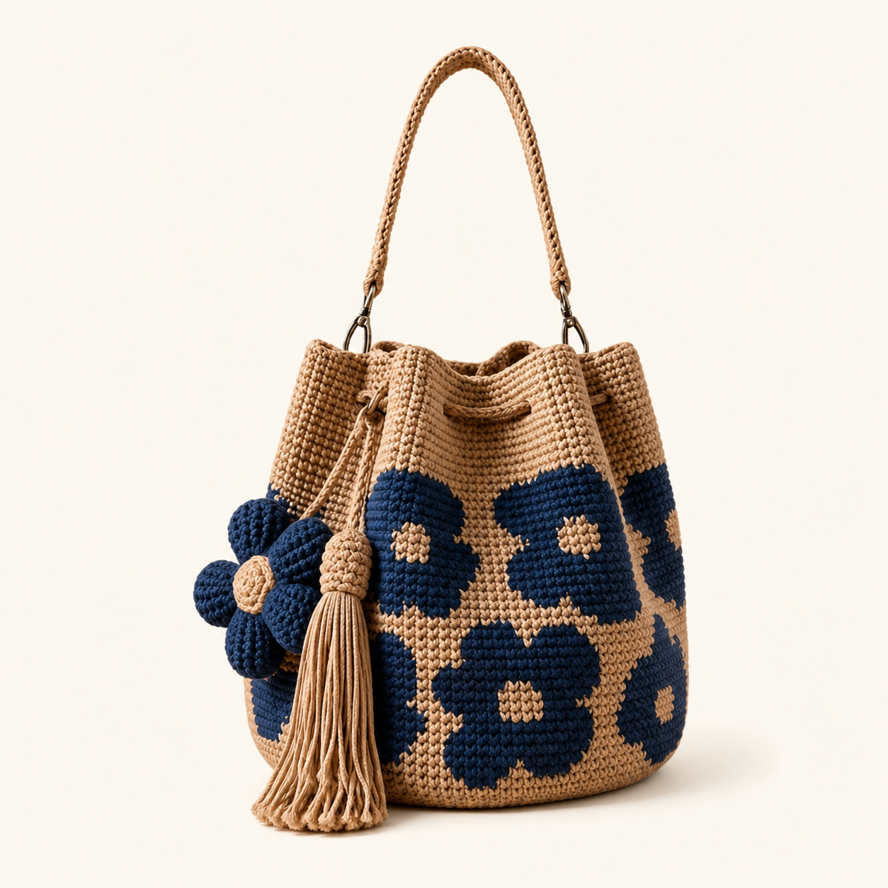 Boho Crochet Flower Bucket Bag with Tassel