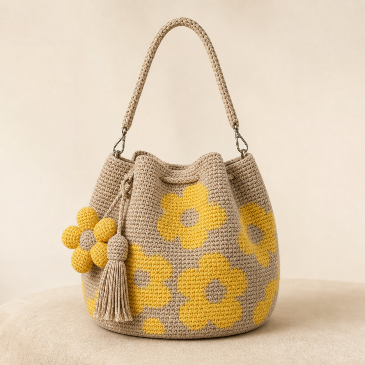 Boho Crochet Flower Bucket Bag with Tassel