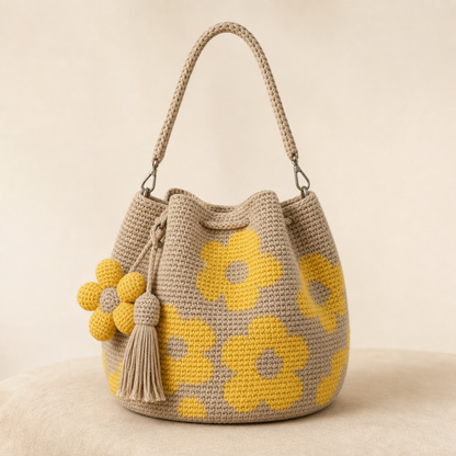 Boho Crochet Flower Bucket Bag with Tassel