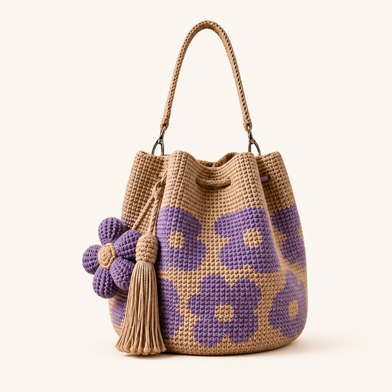 Boho Crochet Flower Bucket Bag with Tassel