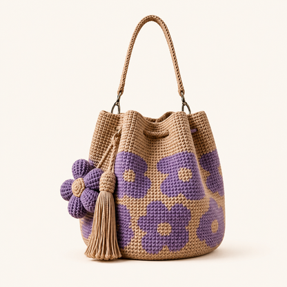 Boho Crochet Flower Bucket Bag with Tassel