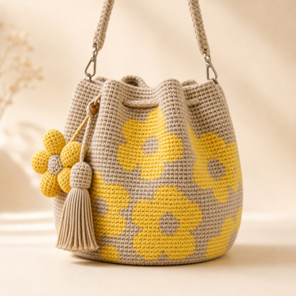 Boho Crochet Flower Bucket Bag with Tassel