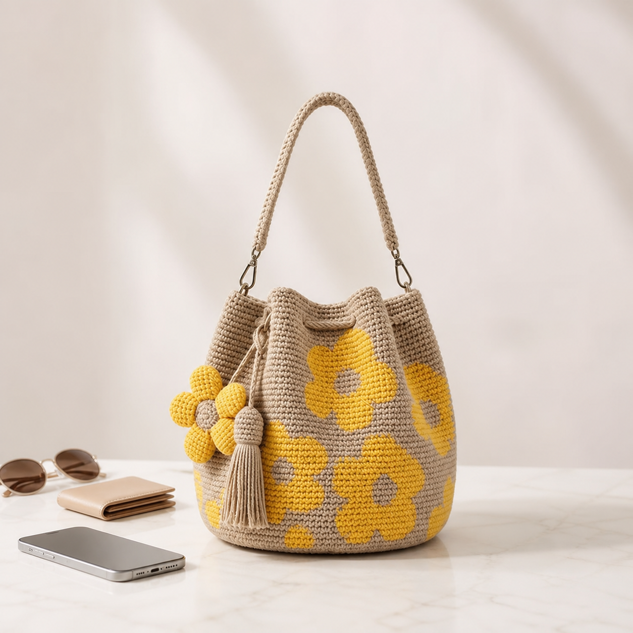 Boho Crochet Flower Bucket Bag with Tassel