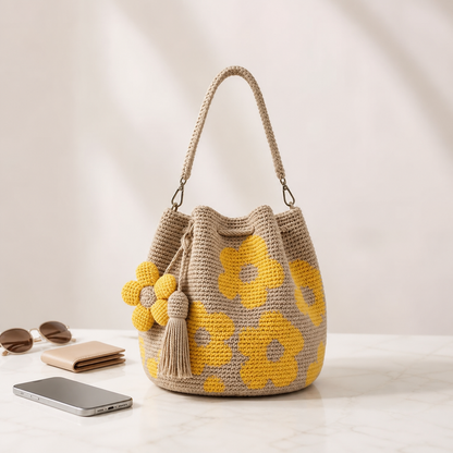Boho Crochet Flower Bucket Bag with Tassel