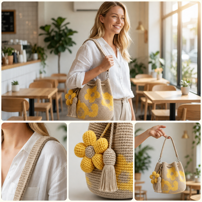 Boho Crochet Flower Bucket Bag with Tassel