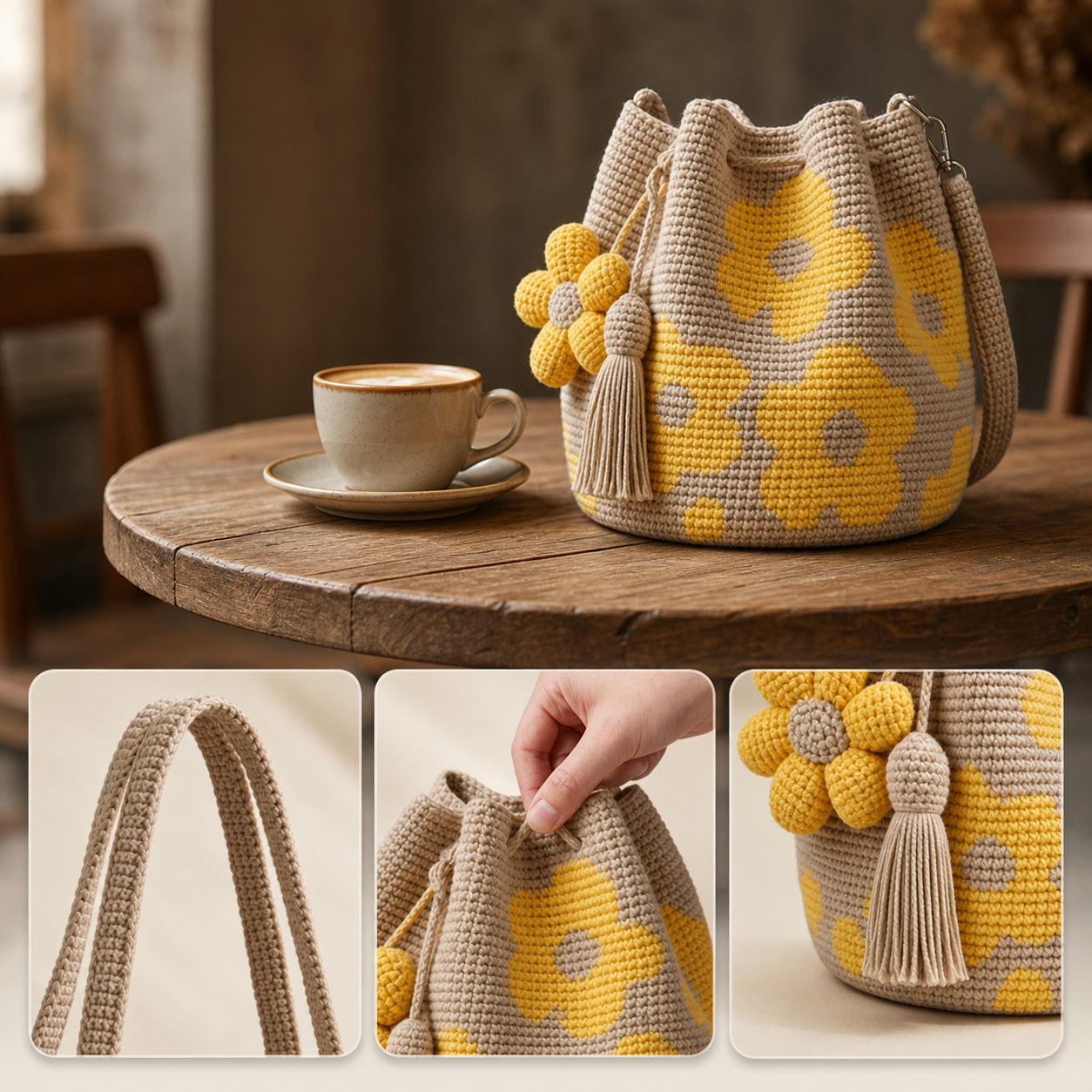 Boho Crochet Flower Bucket Bag with Tassel