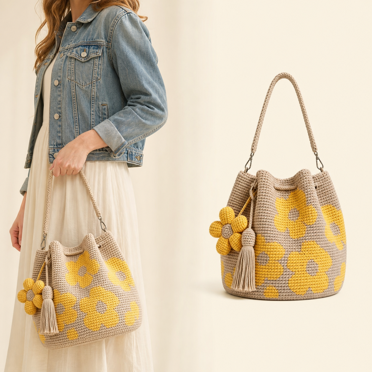 Boho Crochet Flower Bucket Bag with Tassel