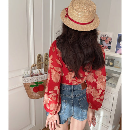 Retro V-Neck Lantern Sleeve Tie-Up Floral Shirt